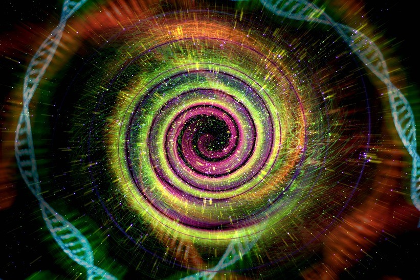 vibrant abstract digital graphic featuring a swirling central vortex of pink