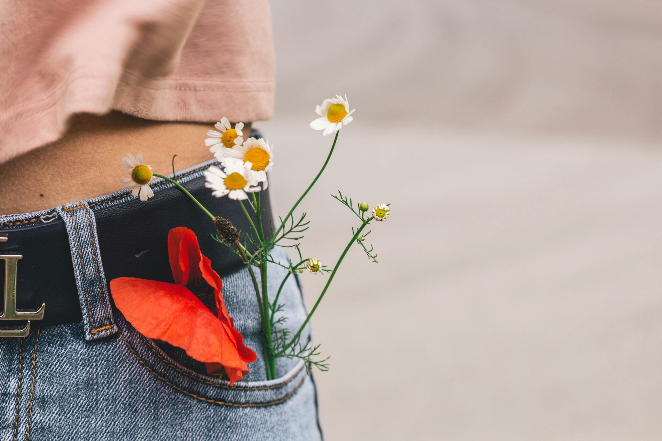 Flowers in a jean pocket.