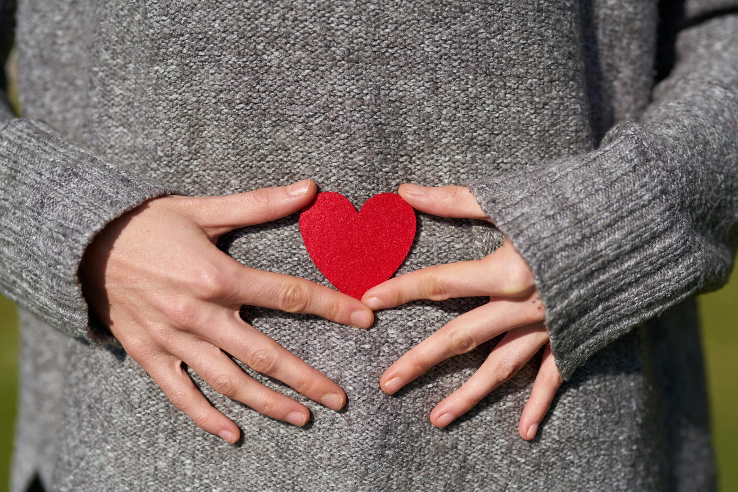 Hands holding paper heart on belly.
