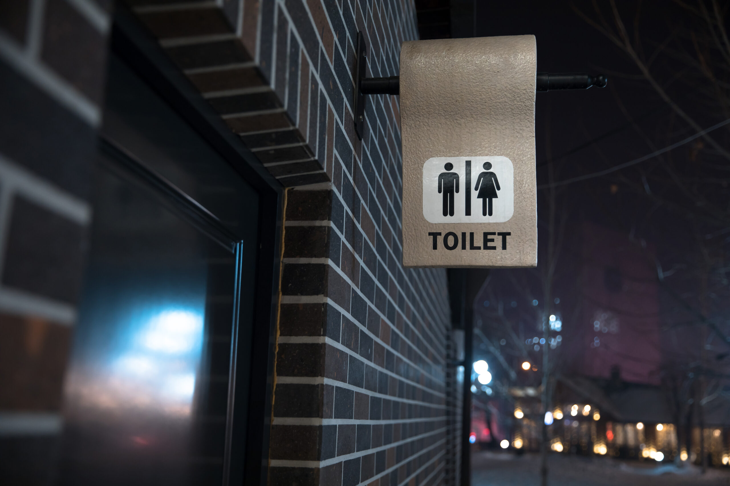 A hanging toilet sign.