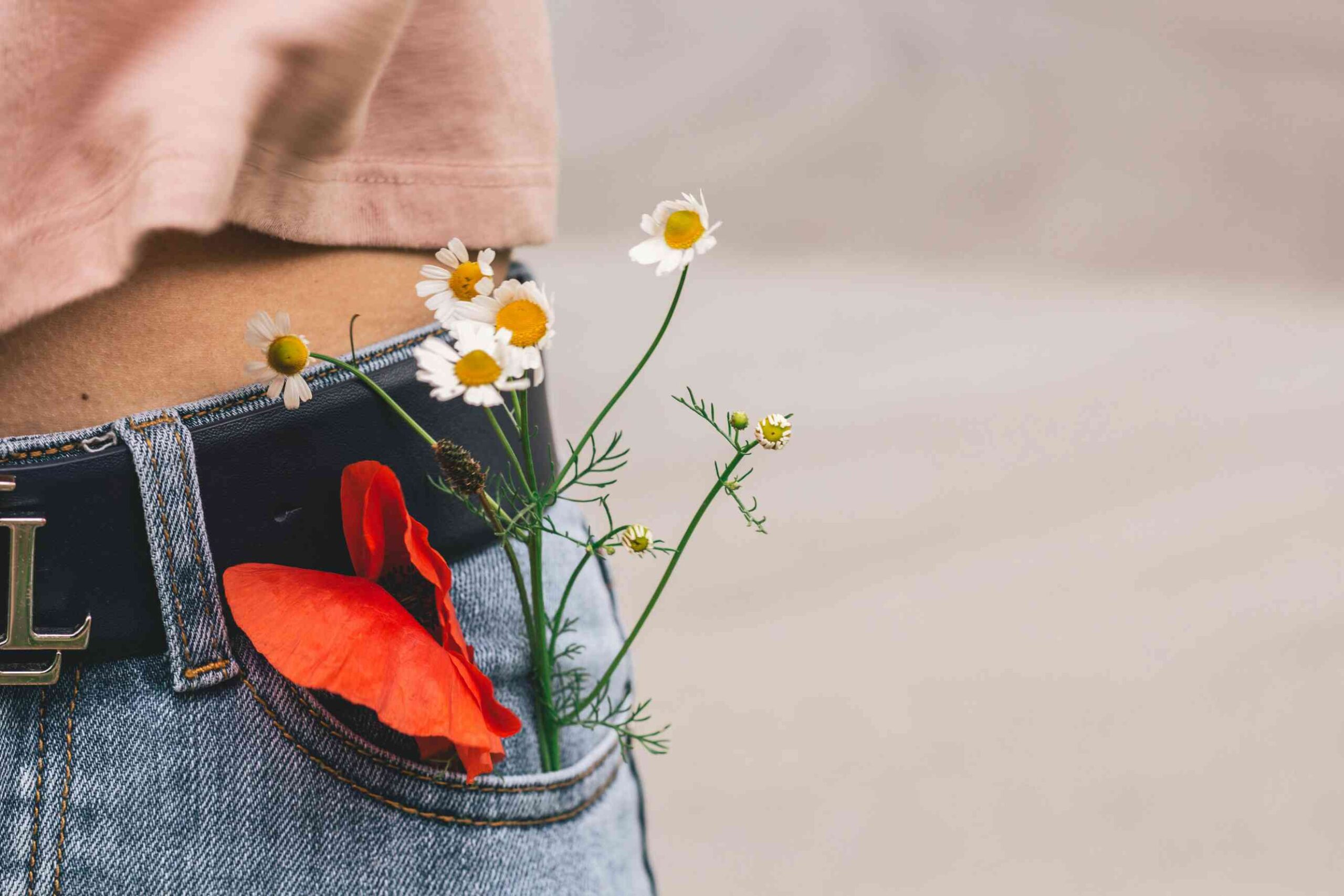 Flowers in a jean pocket.