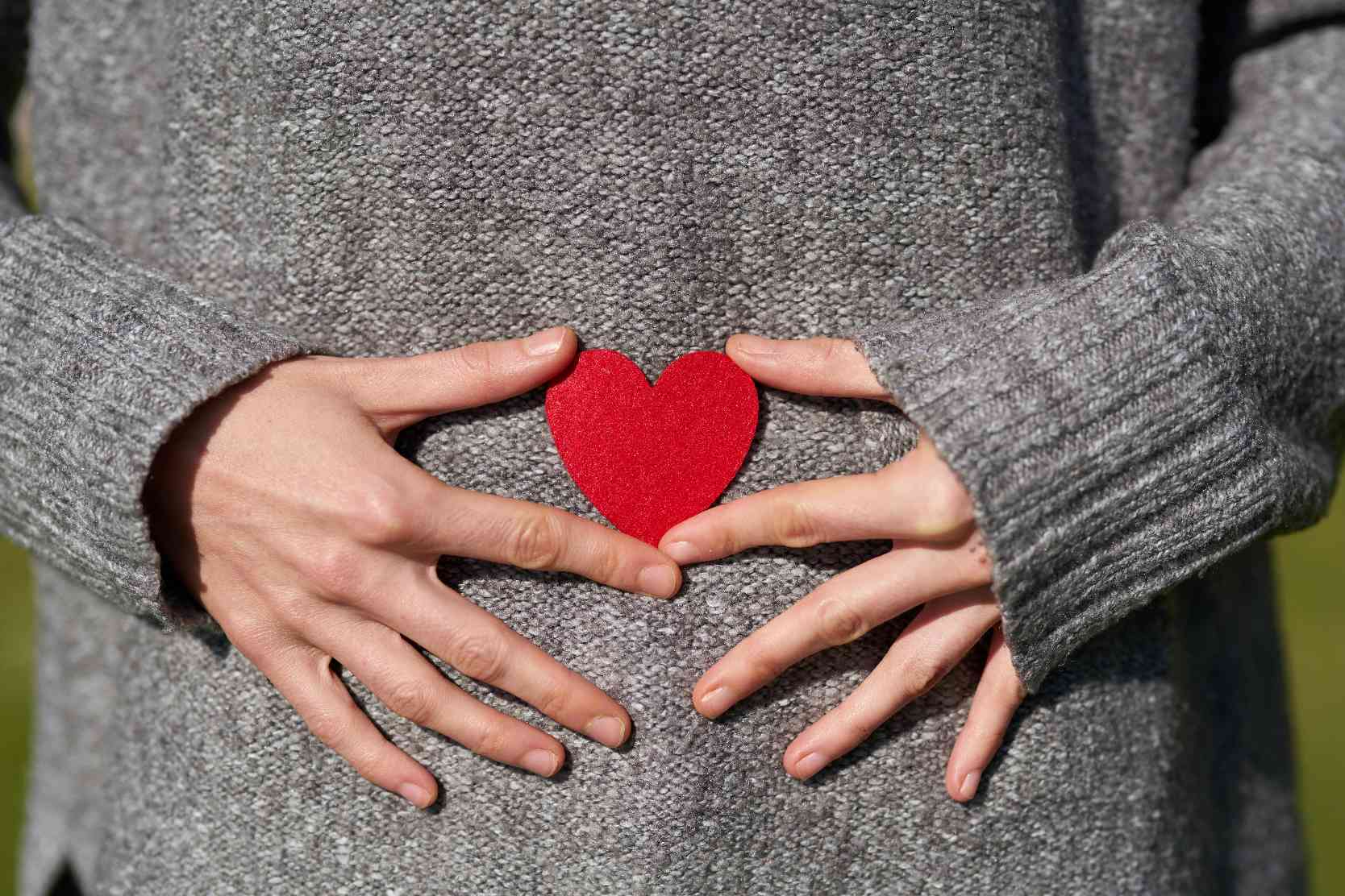 Hands holding paper heart on belly.